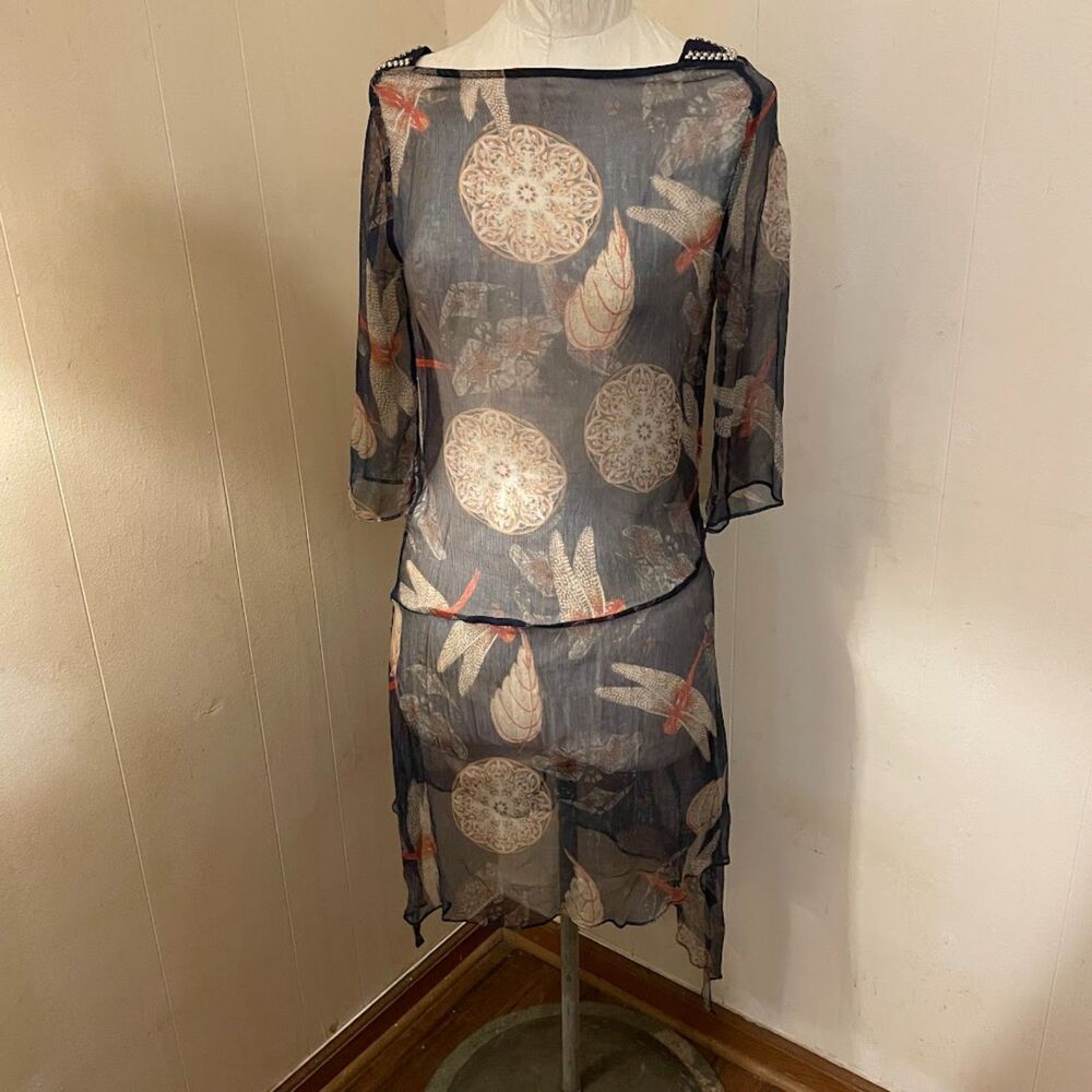 LONYUASH SHEER SILK Chiffon DRESS Handkerchief Hem Dragonflies S